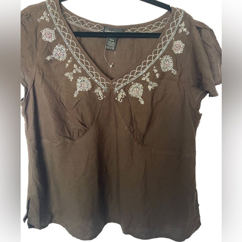Lane Bryant Brown Linen Rayon V Neck Embroidered Beaded Top Plus‎ Size 14 16 349